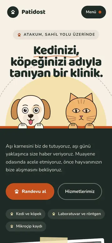 Patidost Veteriner Kliniği sitesinin telefon görünümü