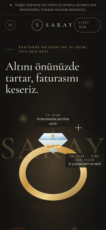 Saray Kuyumculuk sitesinin telefon görünümü