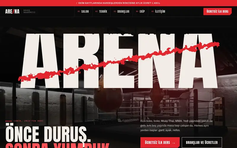 Arena Dövüş Akademisi sitesinin ana sayfası
