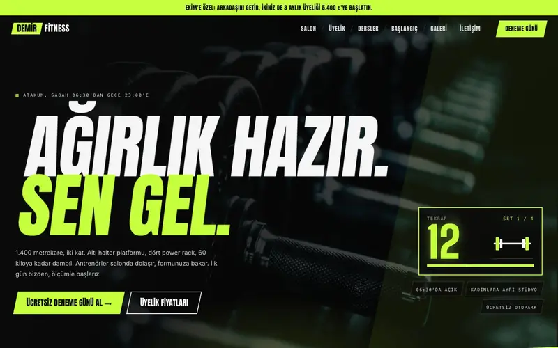 Demir Fitness sitesinin ana sayfası