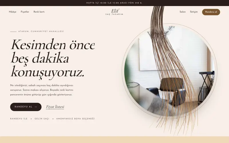 Elif Saç Tasarım sitesinin ana sayfası
