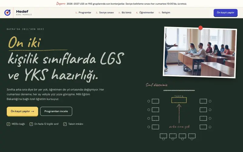 Hedef Kurs Merkezi sitesinin ana sayfası