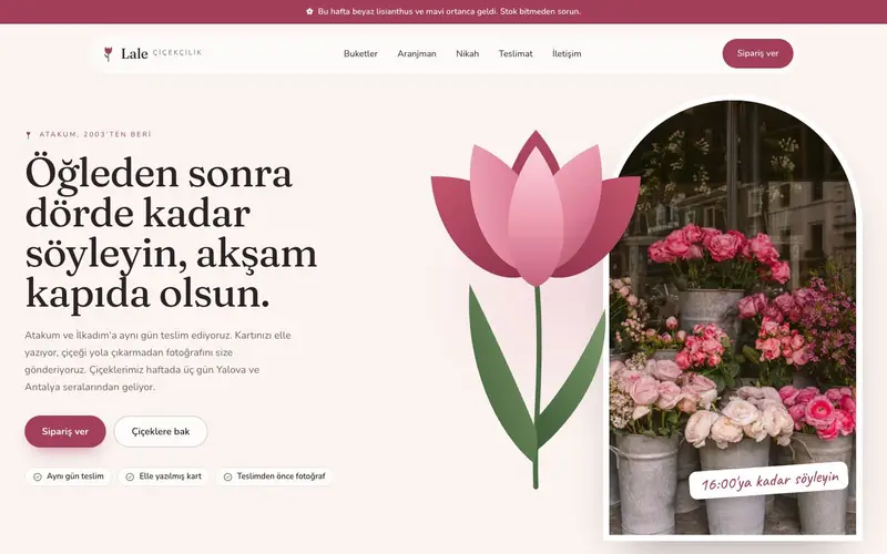 Lale Çiçekçilik sitesinin ana sayfası