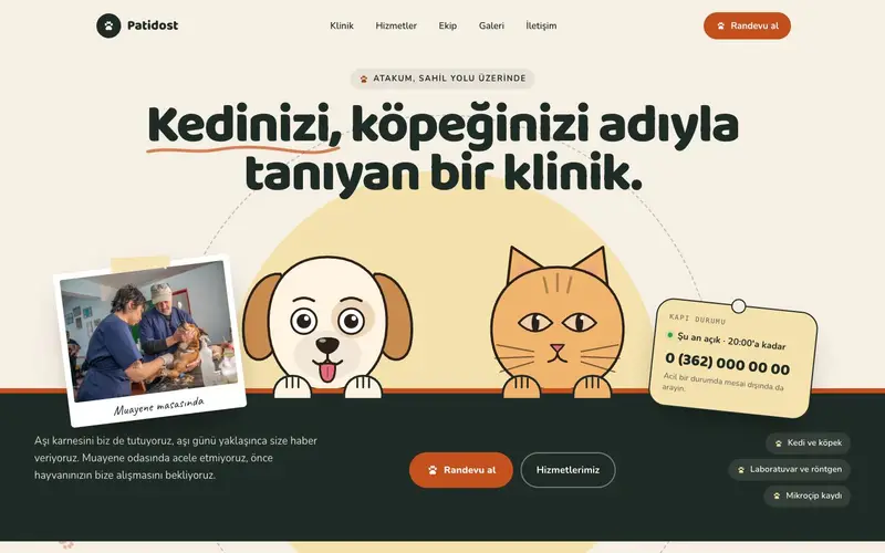 Patidost Veteriner Kliniği sitesinin ana sayfası