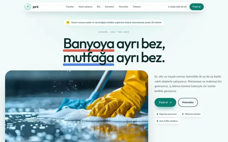 Pırıl Temizlik sitesinin ana sayfası