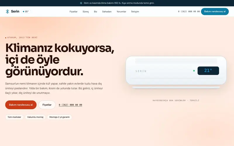 Serin Klima Servisi sitesinin ana sayfası