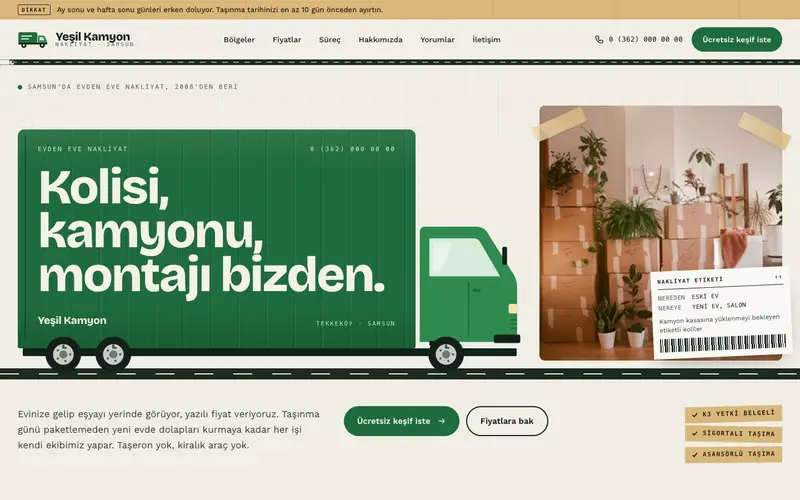 Yeşil Kamyon Nakliyat sitesinin ana sayfası