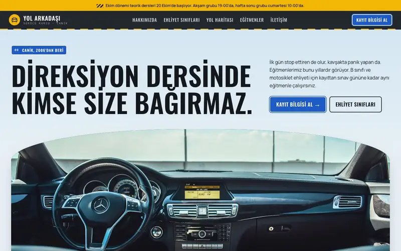 Yol Arkadaşı Sürücü Kursu sitesinin ana sayfası